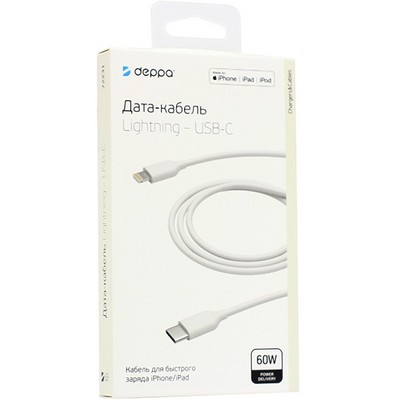 Дата-кабель Deppa Power Delivery (60W) Type-C - Lightning D-72231 (USB 2.0 3A) 1.2м Белый - фото 5491
