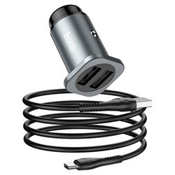 Разделитель автомобильный Hoco NZ4 Wise road 24W dual port PD car charger с кабелем Type-C (2USB: 5V & 2.4A 12W/ total output 24W) Графитовый