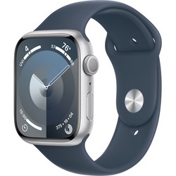 Умные часы Apple Watch Series 9, 45 мм, корпус из алюминия серебристого цвета, спортивный ремешок цвета грозовой синий
