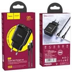 Адаптер питания Hoco N5 Favor dual port PD+QC 3.0 charger с кабелем Type-C to Type-C (USB: 5V max 3.0A/ 20Вт) Черный